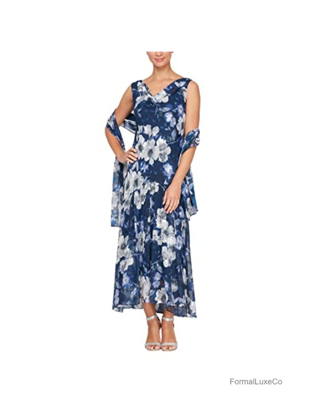 Sleeveless Cowl Neck Floral Print Tea Length Gown with Shawl